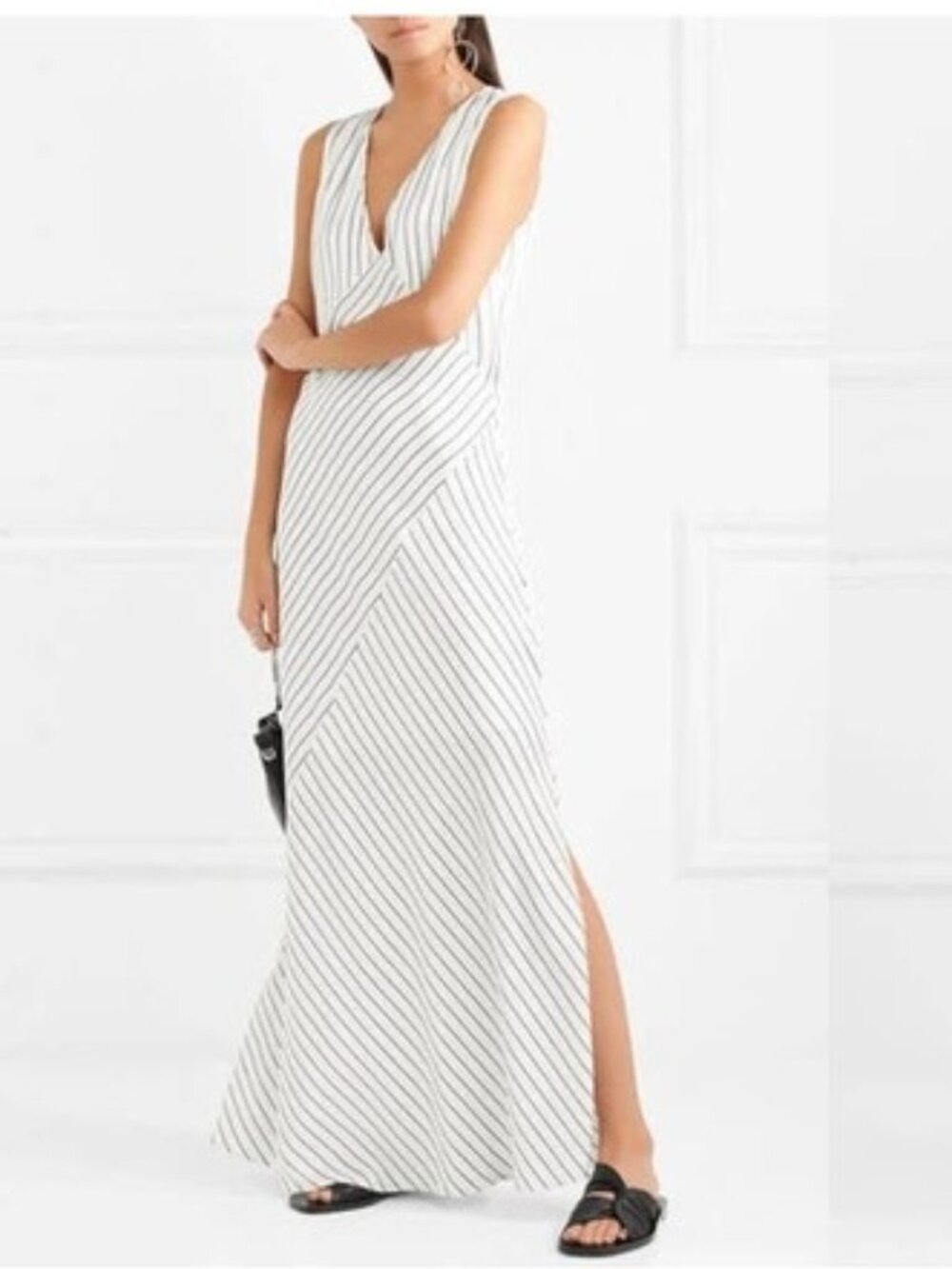 Theory Relaxed Slip Ivory Black Bias Cut Crushed Satin Stripe Dress Size 4 NWT